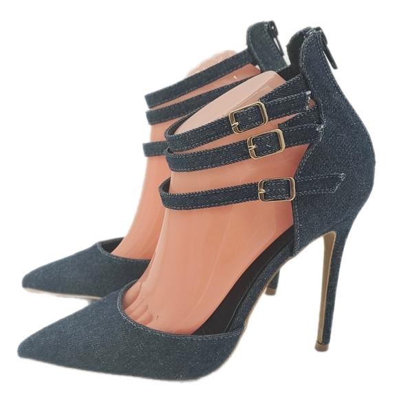 Shoe Republic LA Shoes - Shoe Republic LA Blue Denim Three Strap Back Zip Pointed Toe Stiletto Heels 8.5